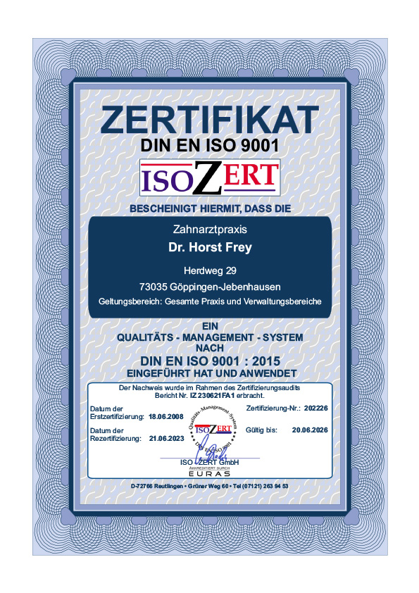 Zertifikat IsoZert 2023 für die Zahnarztpraxis Dr. Horst Frey